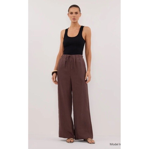 DISSH Pants - Dissh Gina Choc Linen Elastic Waist Wide Leg Linen Pants Minimalist Boho Size 10